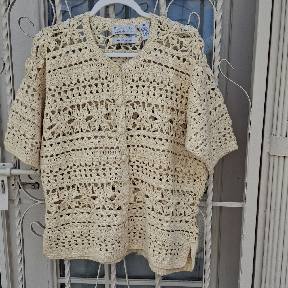 Portraits by Northern Isle Hand Knit Button-up Yellow Sweater Top Women Size XL - Picture 3 of 16